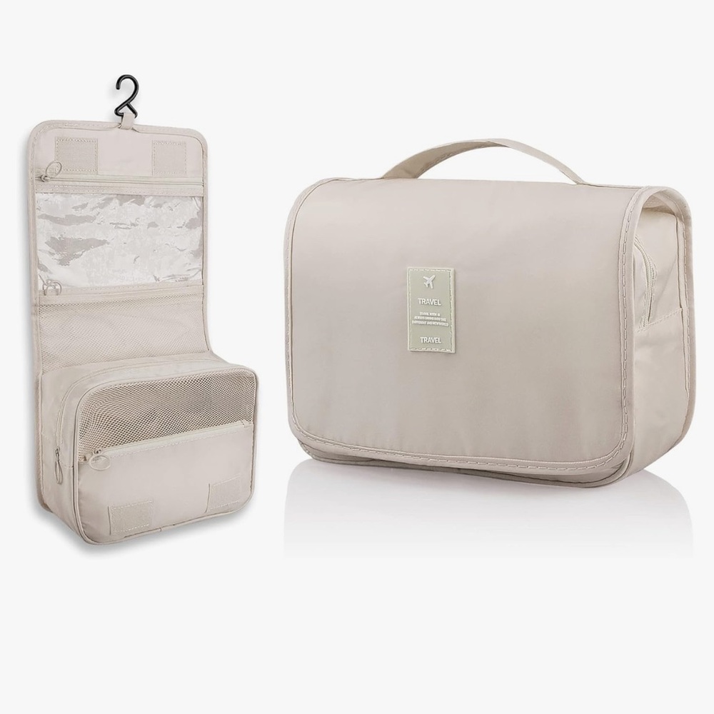 NEW Hanging Toiletry Bag Oxford Fabric Travel Makeup Bag with Hanging Hook Beige